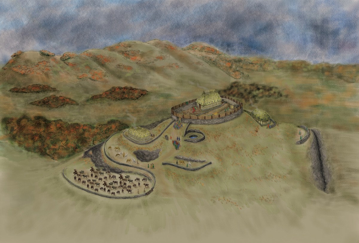 Reconstruction of the royal stronghold atop Trusty’s Hill as it may have appeared c. AD 600. © DGNHAS / GUARD ARCHAEOLOGY LTD