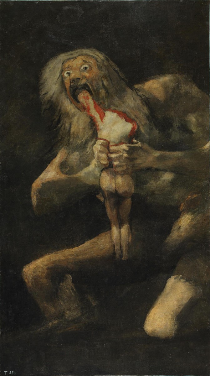 Saturn Devouring His Son, c. 1819–1823. Oil mural transferred to canvas, 143 × 81 cm. Museo del Prado, Madrid