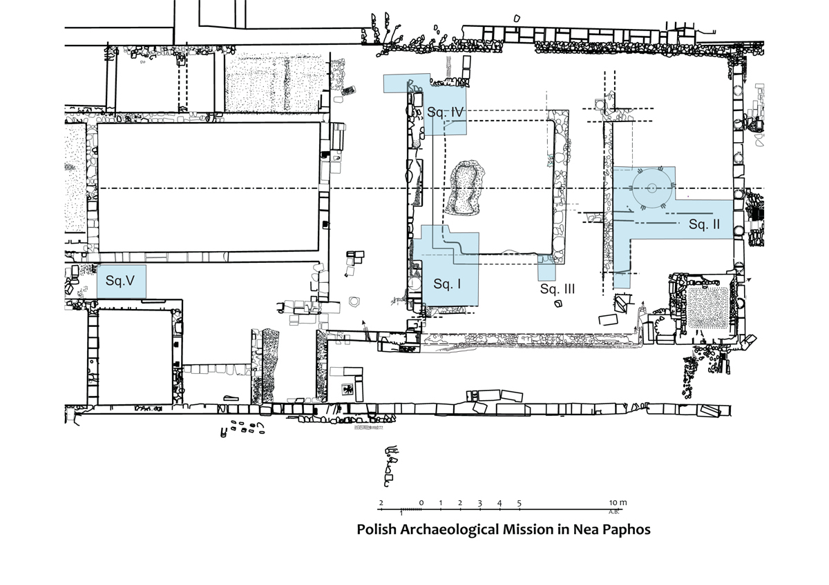Plan of central part of the “Hellenistic” House and western part of Roman House, with 2016 trenches marked, drawn by St. Medeksza, A. Brzozowska, A. Kubicka and H. Meyza.