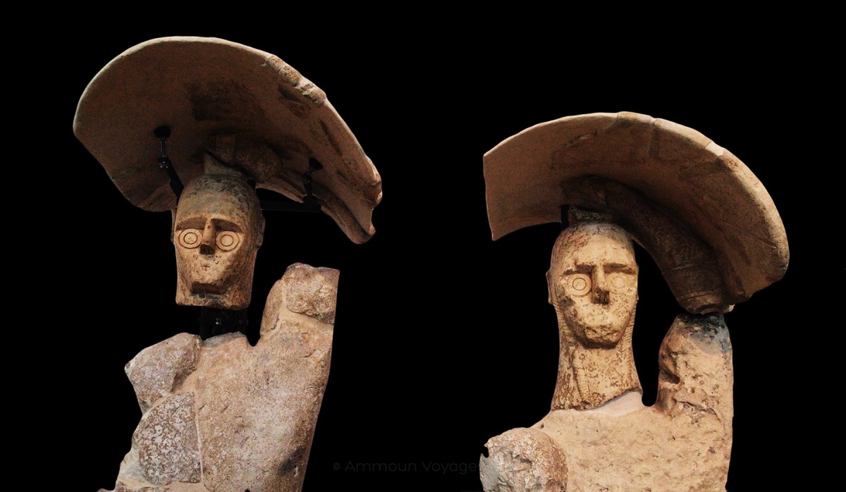 Two Giants of Mont'e Prama, holding shields over their heads. © Farès K Moussa