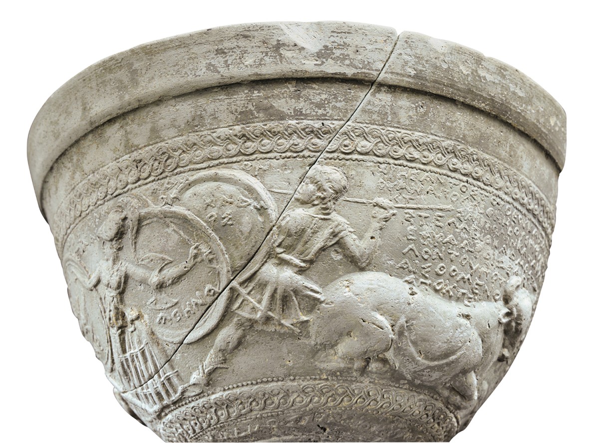 Fig. 3. Skyphos with relief depiction of the myth of Thebes founded by Cadmus, son of the King of Phoinike. 2nd century BC, Tanagra. Thebes Archaeological Museum.