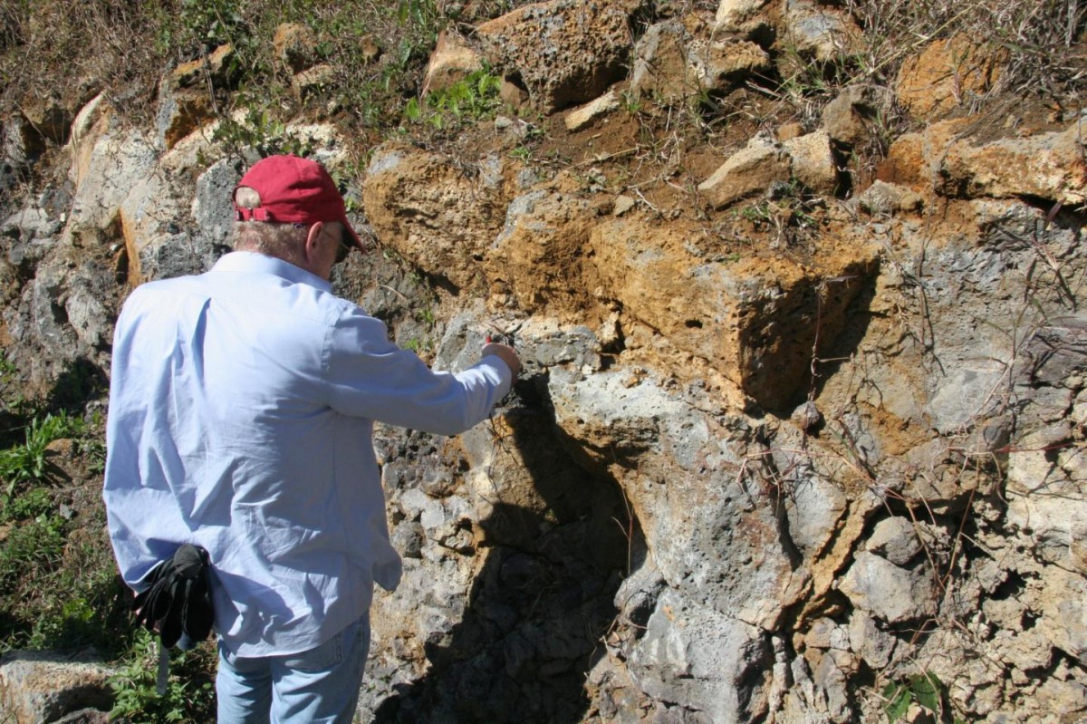 Lead author Prof. Lewis D. Ashwal studying an outcropping of trachyte rocks in Mauritius. Such samples are about 6 million years old, but surprisingly contain zircon grains as old as 3000 million years. Credit: Susan Webb/Wits University