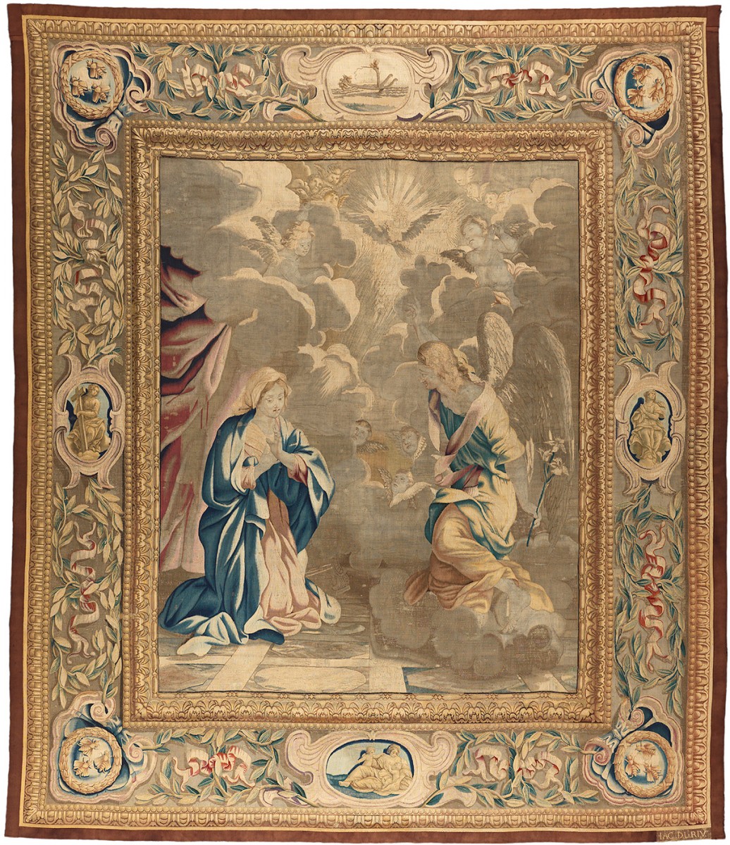 Over fifteen and a half feet tall and ranging from twelve to nineteen feet in length, these heroically scaled panels, in vibrant colors, never forget the intimate and homey details that make the divine human and the past present.