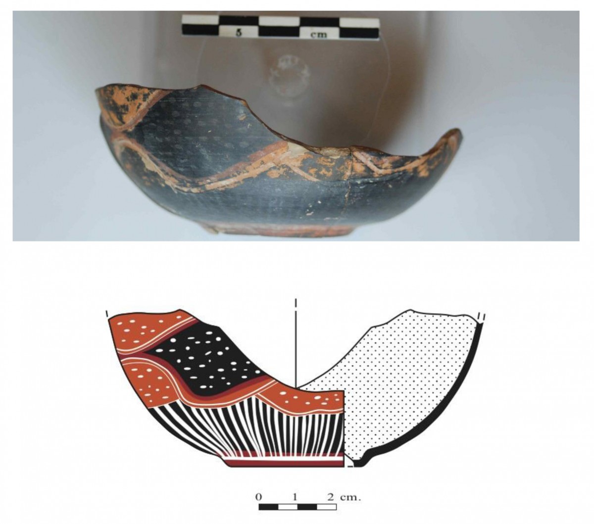 Rounded cup. Three partially recomposed lower side frs. 35%. H 4.0, D base 3.5. Very, very fine hard buff fabric (almost egg-shell).  WM. Coated semi-lustrous dark-brown throughout. Int solid dark-brown. Ext has red band at base with added white vertical lines radiating upwards to an incised wavy line that forms part of a rock-work design with incised wavy lines filled with orange and outlined in red alternating with dark zones filled with ordered white spots. Int pencil graffito: 3. (NAM 11.500)