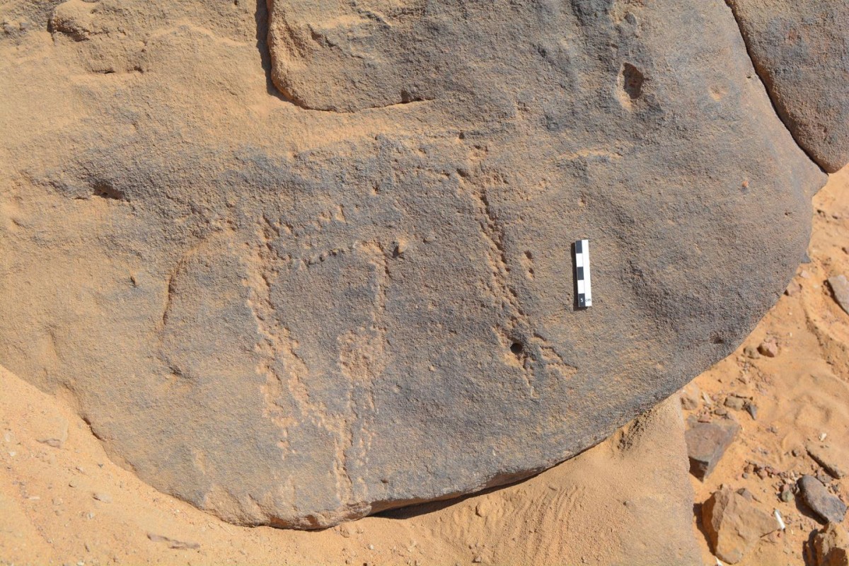 The around 6000-year-old rock engravings can hardly be seen today. They were pecked into the rock with a hard point. Credit © photo: David Sabel