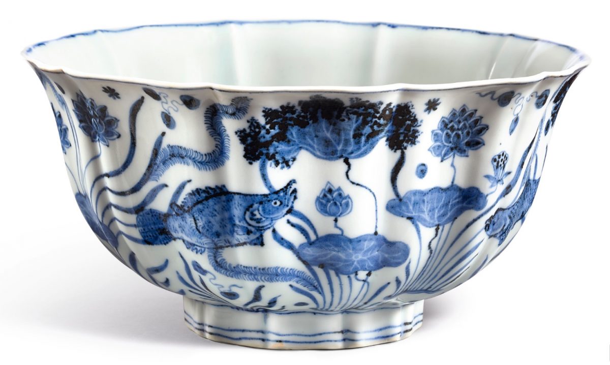 An exceptionally large, fine and important blue and white lobed ‘fish pond’ bowl
Mark and period of Xuande. Photo credit: Sotheby's