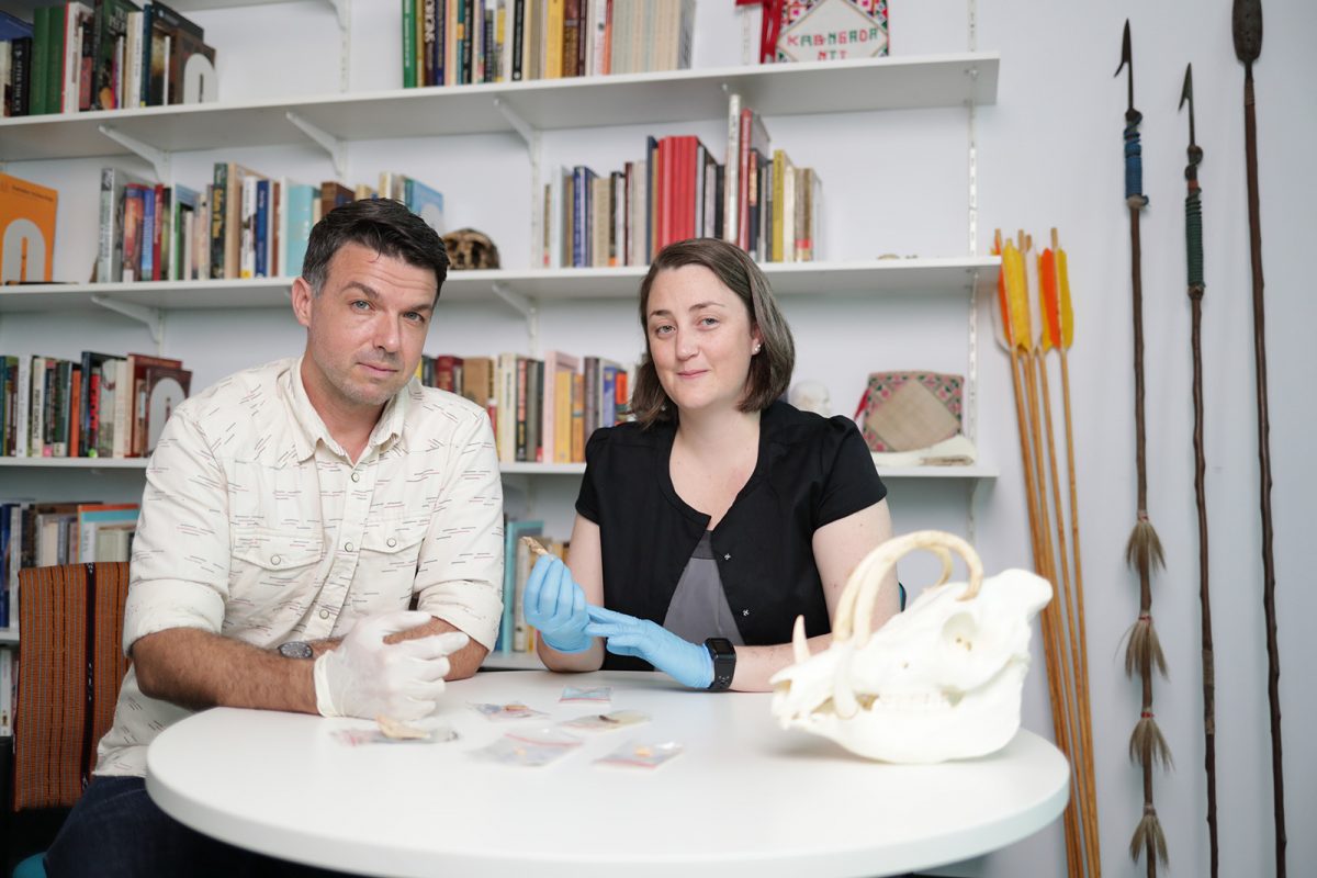 FIg. 2. Griffith University archaeologists Associate Professor Adam Brumm, who with Indonesian colleagues led the excavations that yielded the new findings, and Dr Michelle Langley, who analysed the recovered ornaments and art objects.