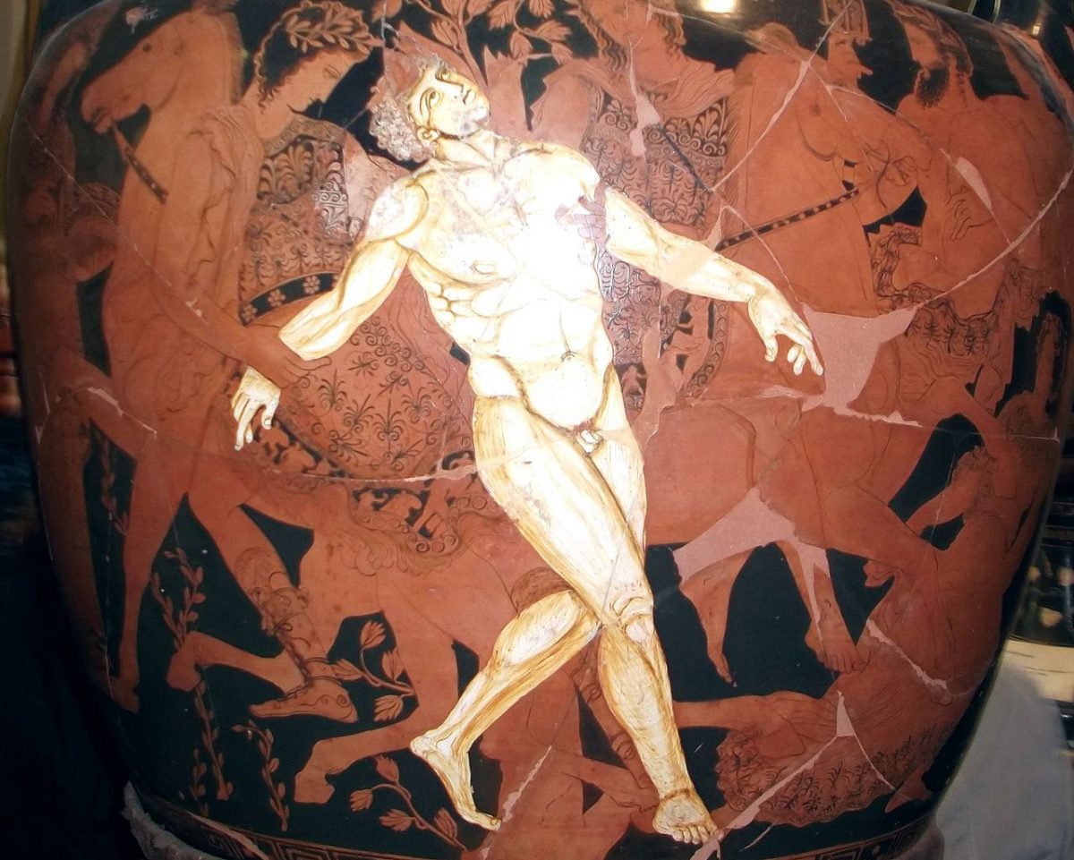 In Greek mythology Talos or Talon was a giant automaton made of bronze. On this 4th-c. BC krater the death of Talos is depicted. Jatta National Archaeological Museum in Ruvo di Puglia.