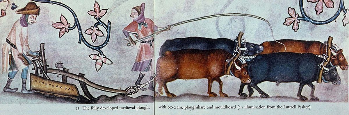 A mouldboard plow (Luttrell Psalter, 1340). 