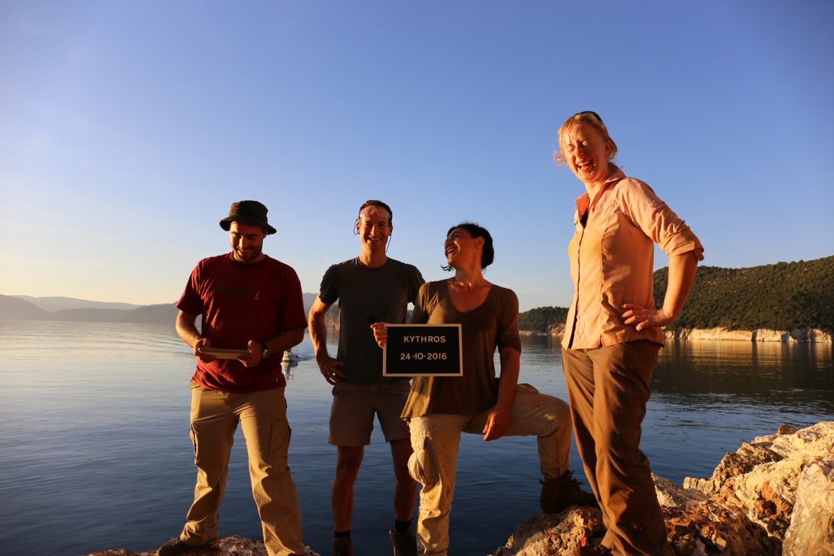 Fig. 6. Part of the interdisciplinary team exploring the Kythros cave, made up of one surveyor (Andreas Aravanis), one geoarchaeologist (Robyn Inglis), one OSL specialist (Matt Cupper) and one archaeologist (NG).