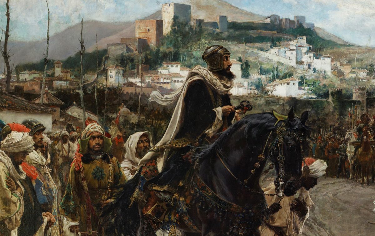 The capitulation of Granada by Francisco Pradilla Ortiz, 1882: Muhammad XII surrenders to Ferdinand and Isabella.