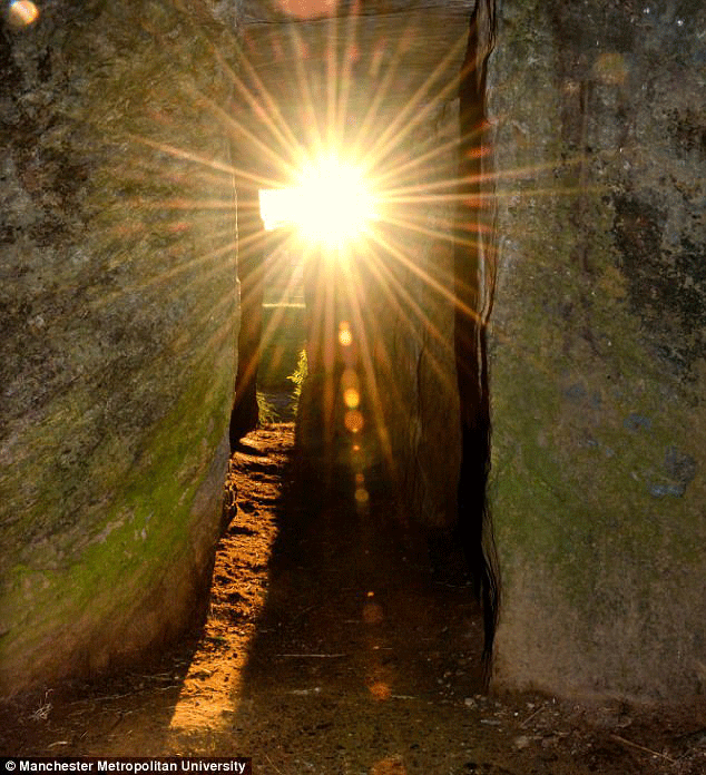 Bryn Celli Ddu, or the Mound in the Dark Grove, has a special feature, which means that on the longest day of the year, a beam of light is cast down the passage, lighting up the chamber. Photo Credit: Manchester Metropolitan University/Daily Mail.