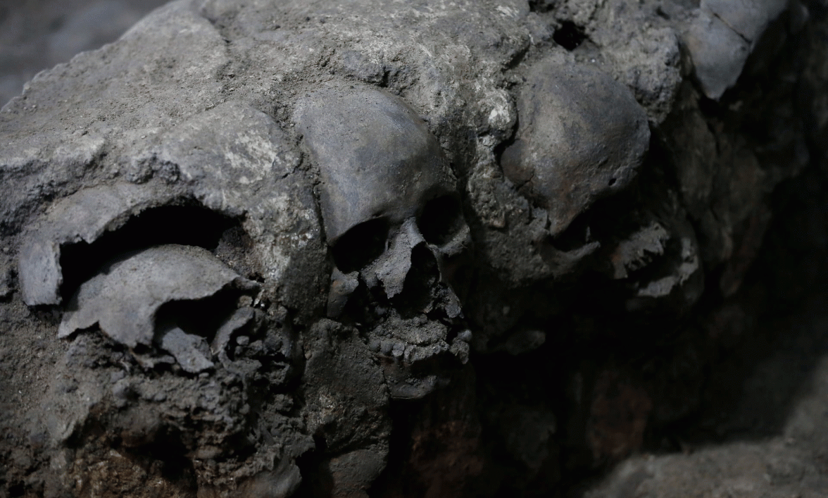 Skulls are seen at the site where more than 650 such crania were found in a cylindrical edifice near Templo Mayor, in Mexico City.
Photo Credit: Henry Romero/Reuters/The Guardian.