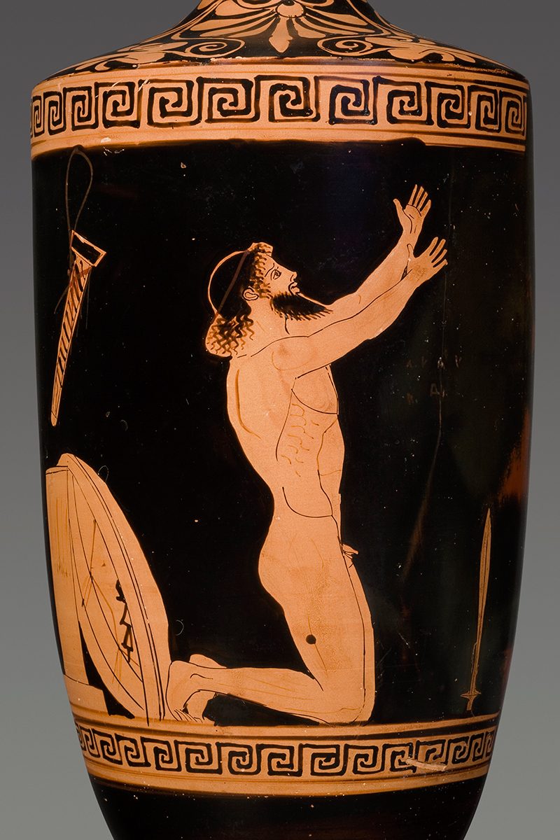Lekythos with the Suicide of Ajax, ca. 460 BC. Terracotta, Red-figure, attributed to the Alkimachos Painter
Attica. Antikenmuseum Basel und Sammlung Ludwig
