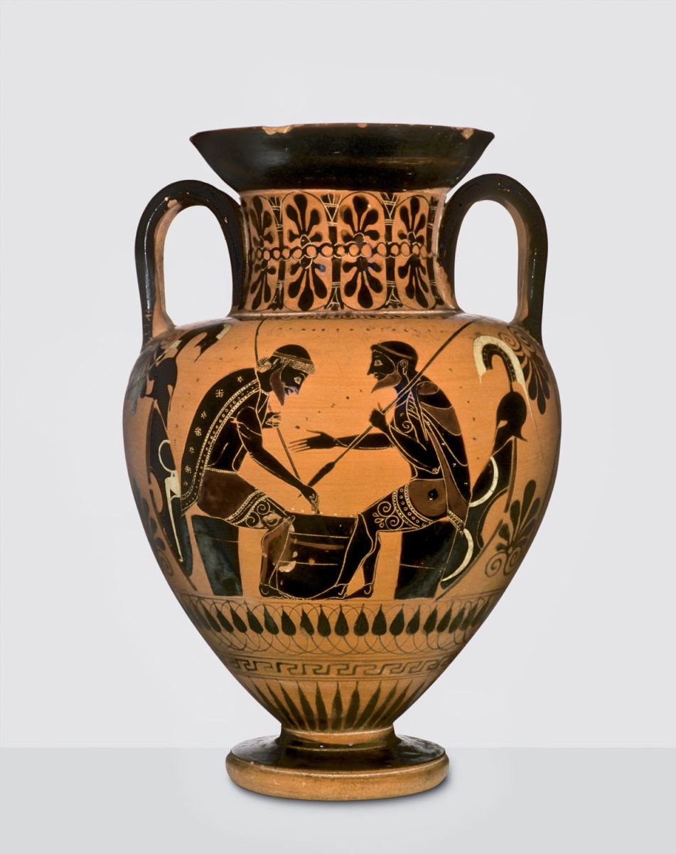 Black-figure amphora with scene of Achilles and Ajax playing a board game. ca. 540 BC. Vulci. Basel, Antikenmuseum Basel und Sammlung Ludwig.