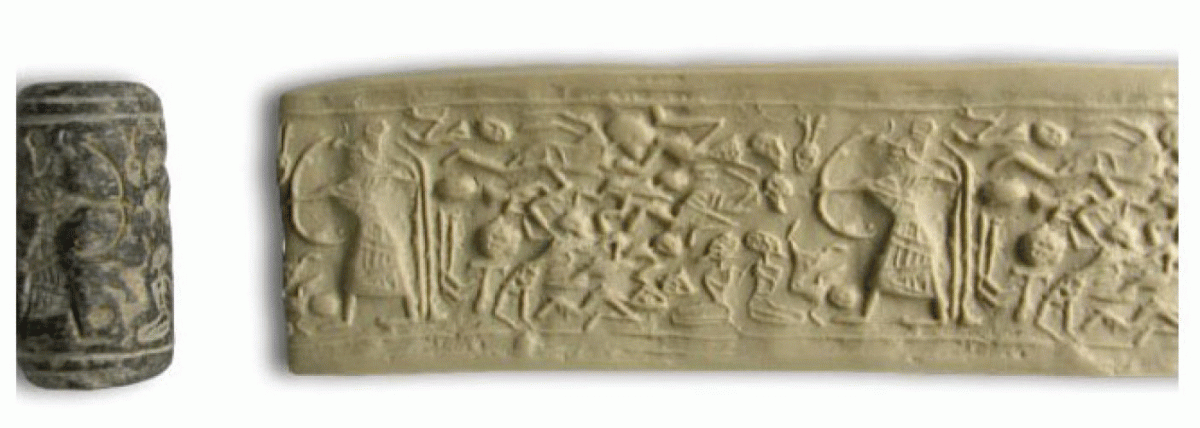 War scene headed by the Levantine god Reshef with a gazelle head drawing a large bow towards 12 enemies shown in varying degrees of collapse along with two kneeling bound captives. Photo Credit: Tandy Institute for Archaeology/Haaretz.
