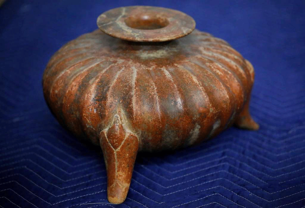 An artefact that was determined to be a forgery of a tripod vessel from 200 B.C.E-500 C.E. pictured at The Mexican Museum. Photo Credit: Leah Millis, The Chronicle/SF Gate.