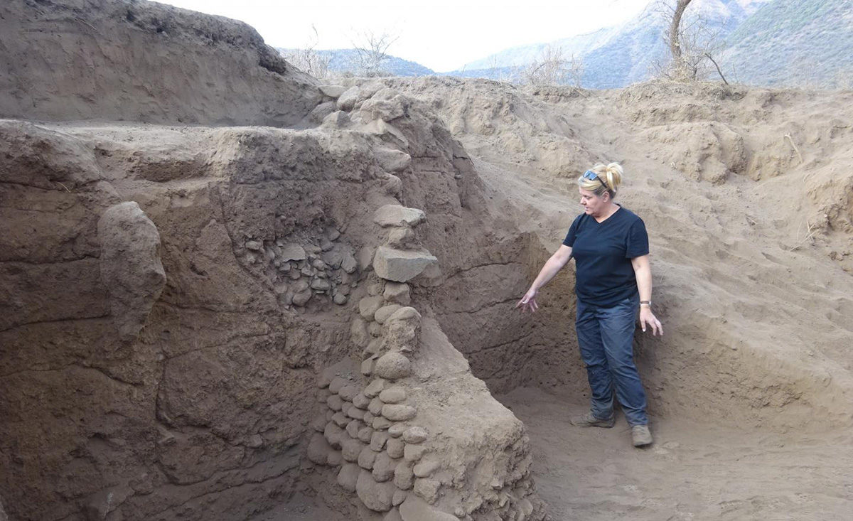 Carol Lang, University of York, examines the terrace systems of Engaruka. Credit: University of York. 