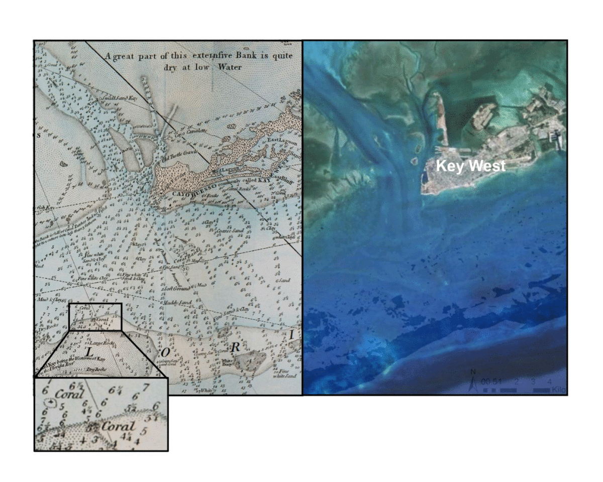 Key West, then and now. Left: A 1774 nautical chart, with locations of coral indicated. The inset shows an enlarged image of two adjacent historical coral references. Right: The same area represented by Google Earth imagery overlaid on a compiled modern benthic habitat map. Image Credit: Credit: Loren McClenachan/AAAS.