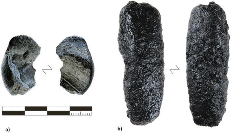 (A) The larger of the two tar lumps found at Königsaue (photo credit: Landesamt für Denkmalpflege und Archäologie Sachsen-Anhalt, Juraj Lipták) compared with (B) the maximum yield of tar produced with the raised structure method (RS 7). Image Credit: Scientific Reports.