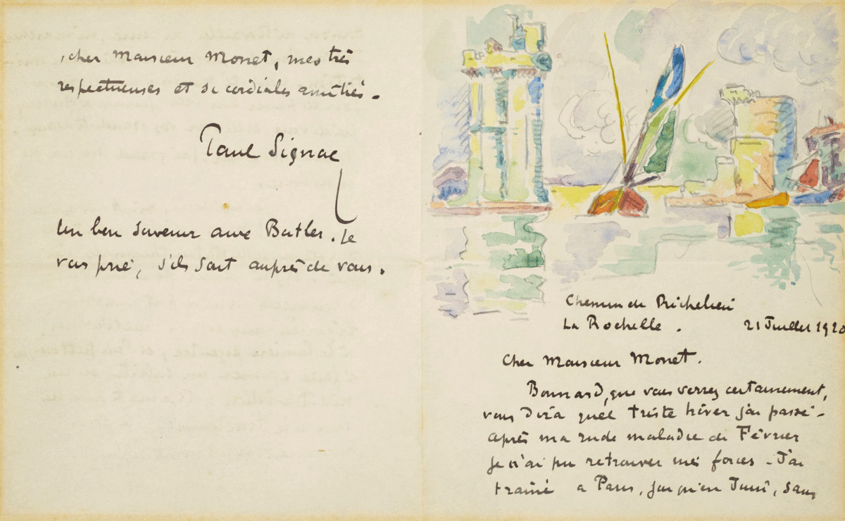 A letter to Monet from Paul Signac, sent in 1920. Photo Credit: Christie's Images Ltd/The Guardian.