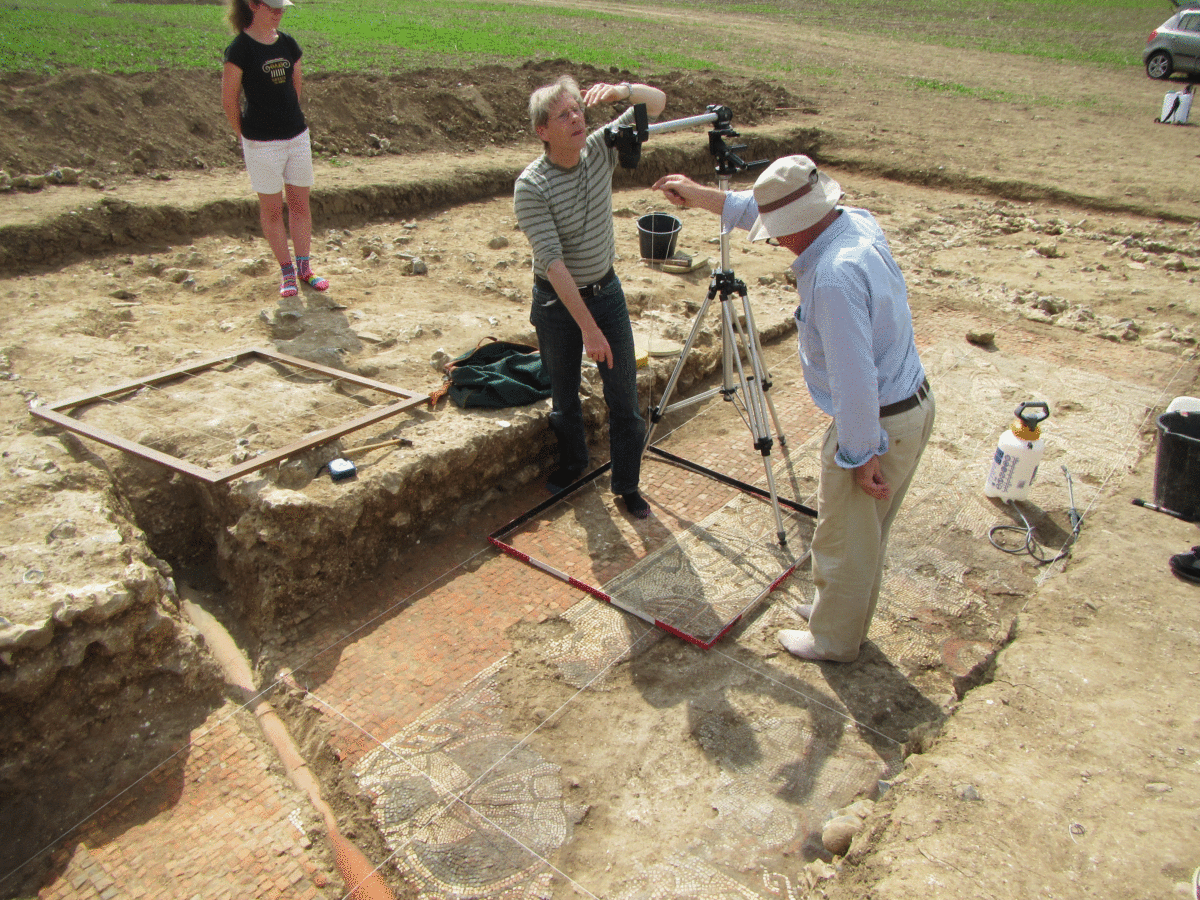 Recording the Mosaic. Photo Credit: Boxford Parish Blog/The History Blog. 