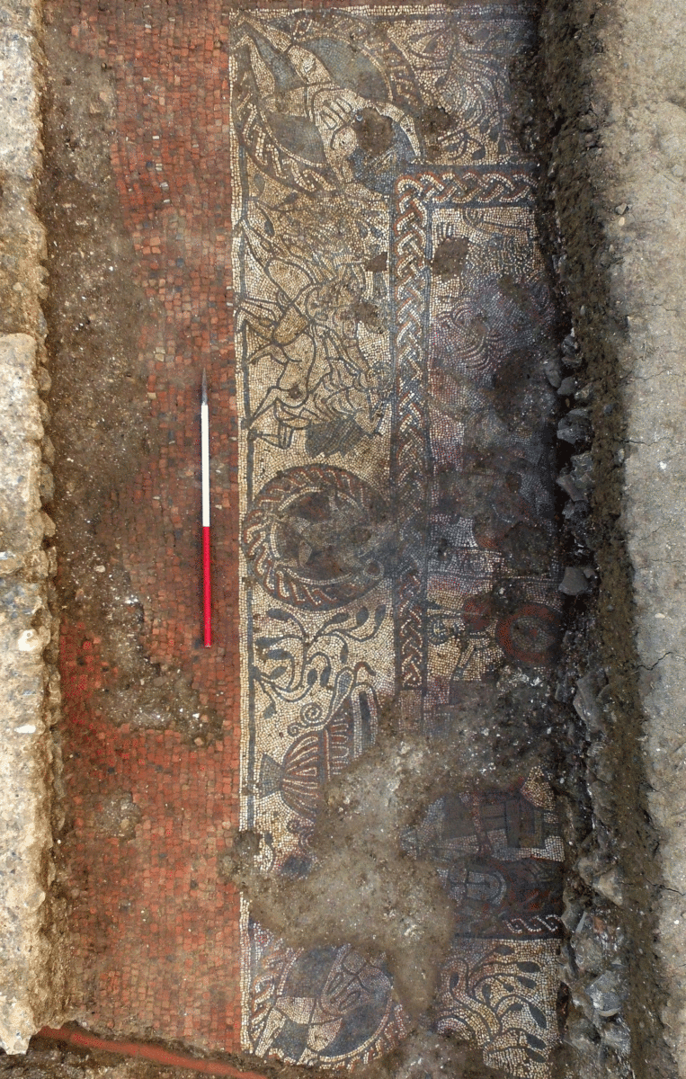 Overhead view of the mosaic. Photo Credit: Cotswold Archaeology/The History Blog. 