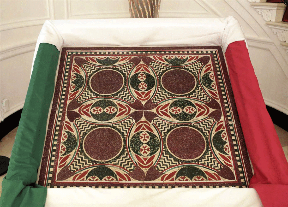 A piece of Caligula's ship, on display at the Consulate General of Italy in Manhattan. The ancient marble mosaic was ceremonially returned to the Italian government in New York. Photo Credit: Yana Paskova / The New York Times via Redux/NBC. Pictures
