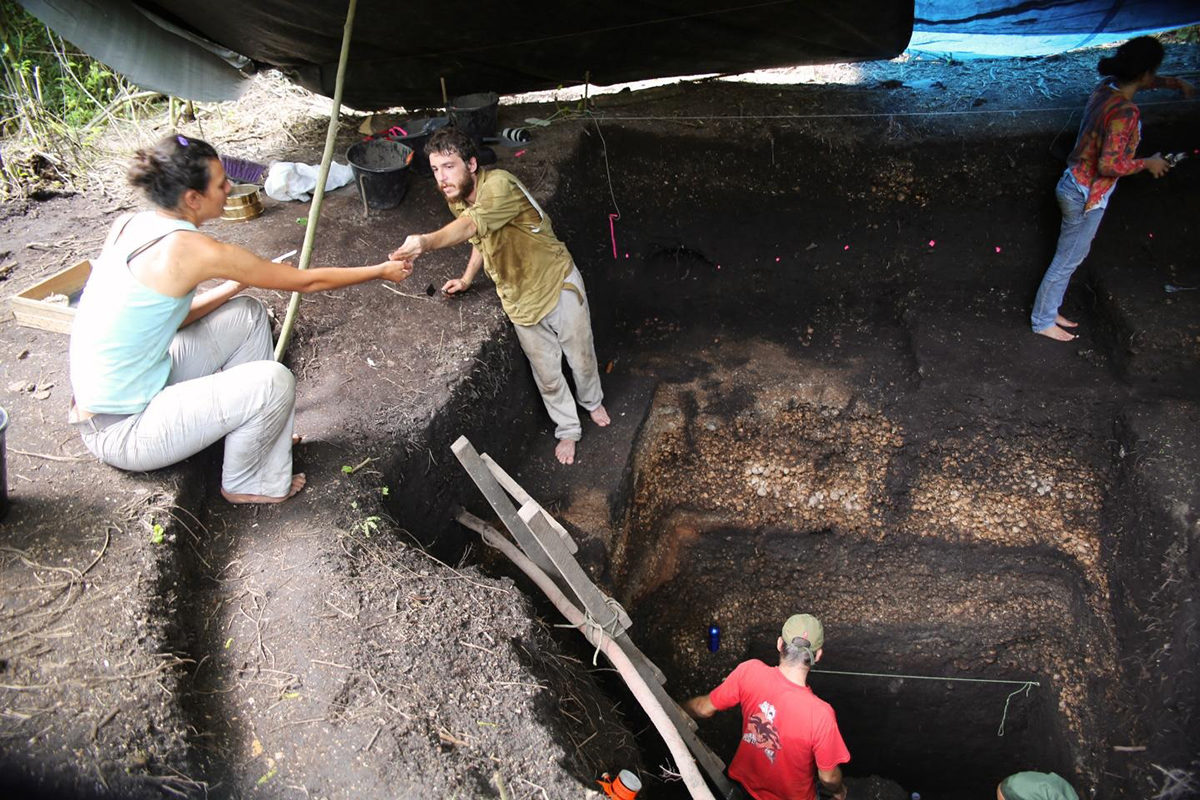 Monte Castelo excavation in progress – collecting samples. Credit: University of Exeter