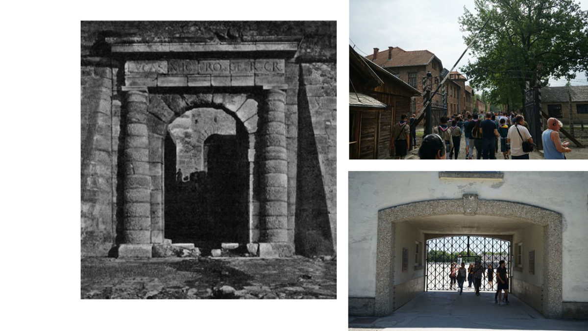 Fig. 5. Porta Maestra (Gerola 1901), Auschwitz Gate (2017), Dachau Gate (2017).