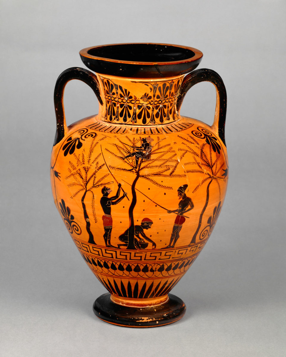 Attic black-figured amphora, attributed to the Antimenes Painter. Depicted is an olive harvest scene.
520 – 510 BC
© London, The British Museum