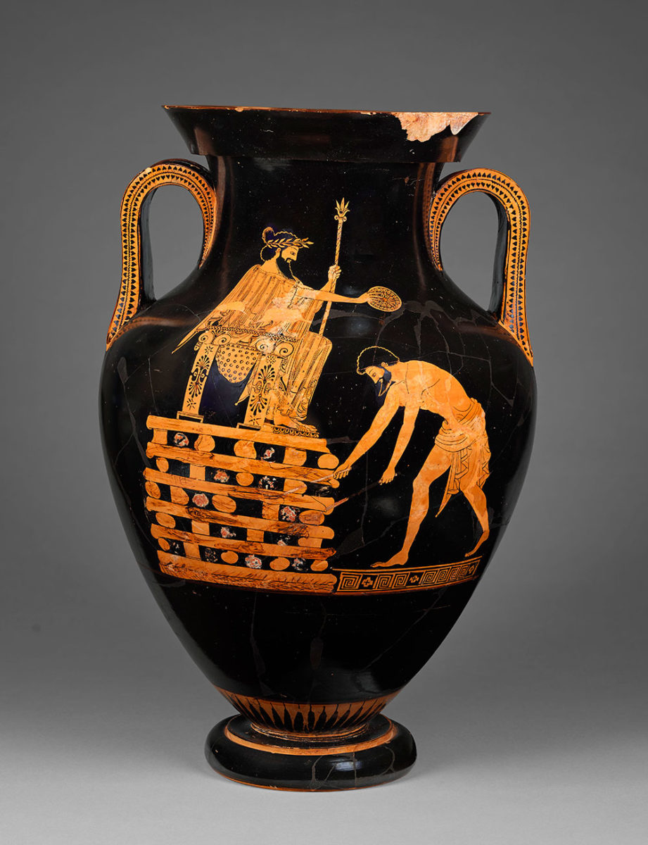 Attic red-figured amphora, attributed to the vase-painter Myson. Depicted is king Kroisos pouring a libation while seated on a throne top of a pyre.
500 – 490 BC
© Paris, Musée du Louvre (photo by Tony Querrec)