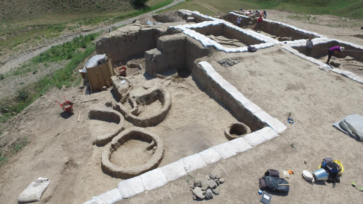 This is a drone photograph of excavations at Gadachrili Gora Site in Republic of Georgia. Credit: Stephen Batiuk