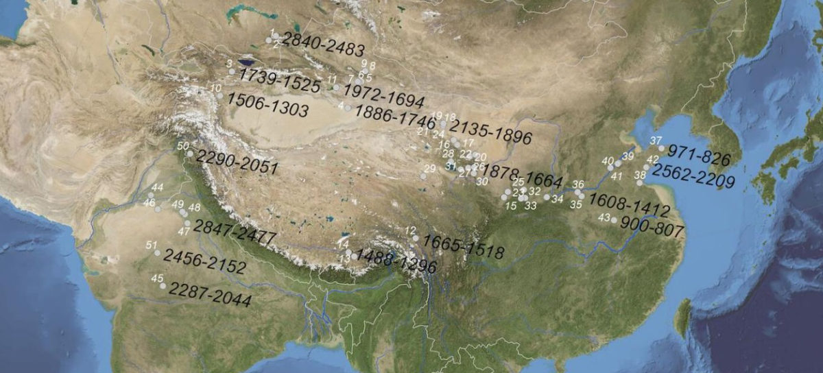 Map of Eurasia shows the oldest radiocarbon-measured dates (BC) for individual grains of barley recovered from each region.