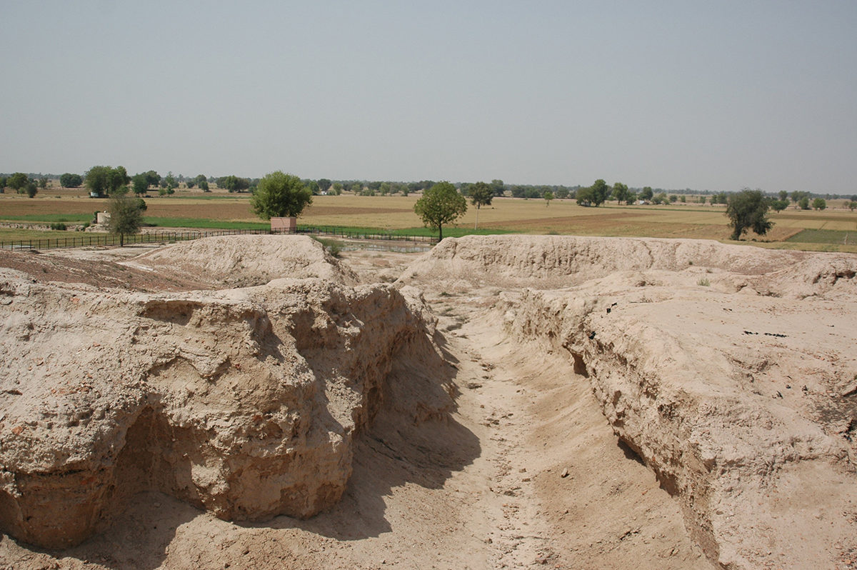 Remnant of a street in the urban centre of Kalibangan. The Ghaggar-Hakra palaeochannel can be seen in the distance. Kalibangan is sited on the topographically higher margins of the palaeochannel. Credit: S. Gupta (Imperial College London)