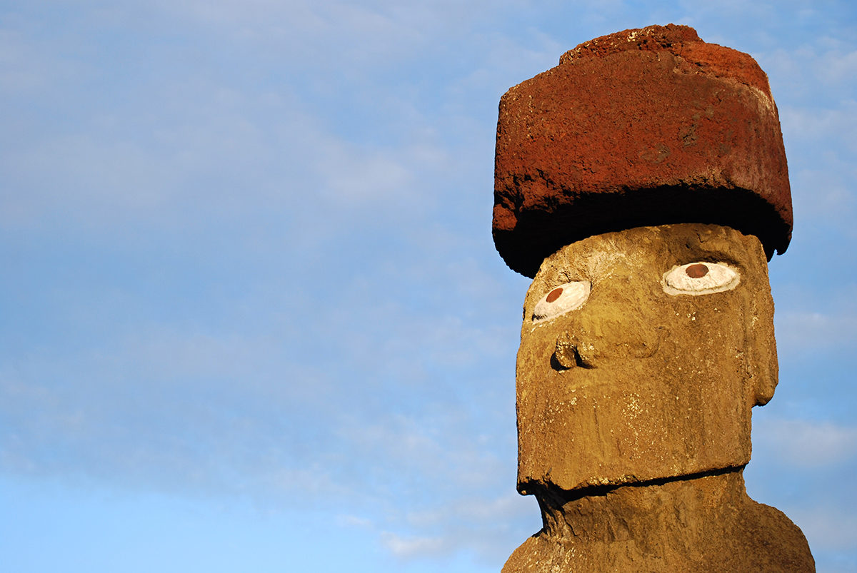 One of the hats called “pukao” which are cylindrical stones made from a volcanic rock known as ‘red scoria.’