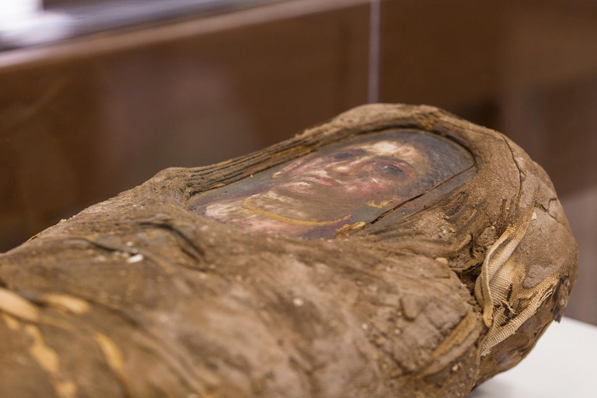 Portrait mummy of a girl, late 1st century CE, mummified remains of 5-year-old girl wrapped in linen, with a portrait in beeswax and pigments on wood. Garrett-Evangelical Theological Seminary, Evanston, Illinois.
Credit: Photo courtesy of Northwestern University