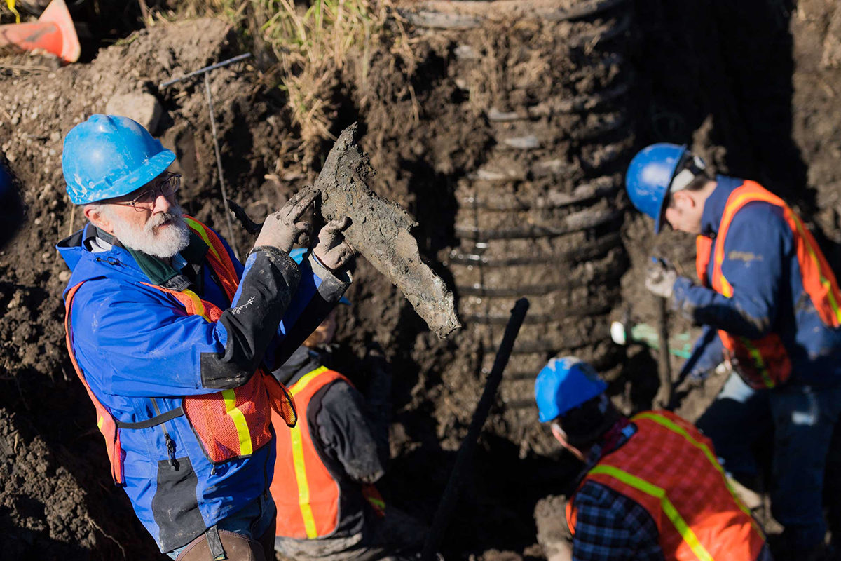 U-M Paleontologist Daniel Fisher holding a piece of the mammoth’s right shoulder blade on Nov. 29, 2017. Image credit: Daryl Marshke, Michigan Photography