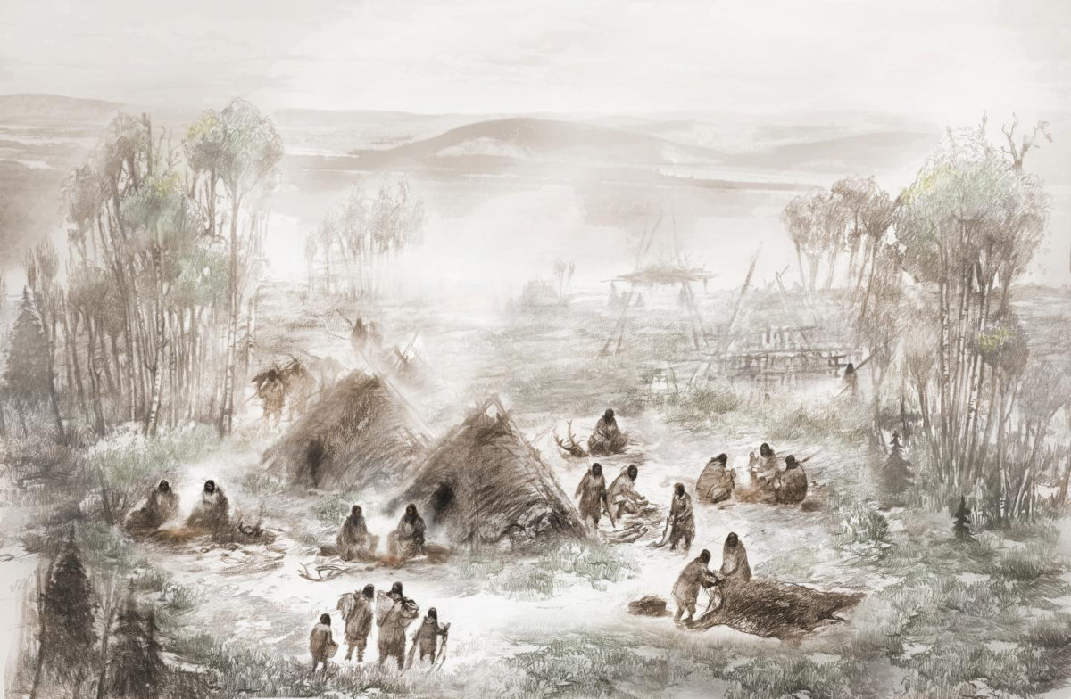 A scientific illustration of the Upward Sun River camp in what is now Interior Alaska. Credit:
Illustration by Eric S. Carlson in collaboration with Ben A. Potter.