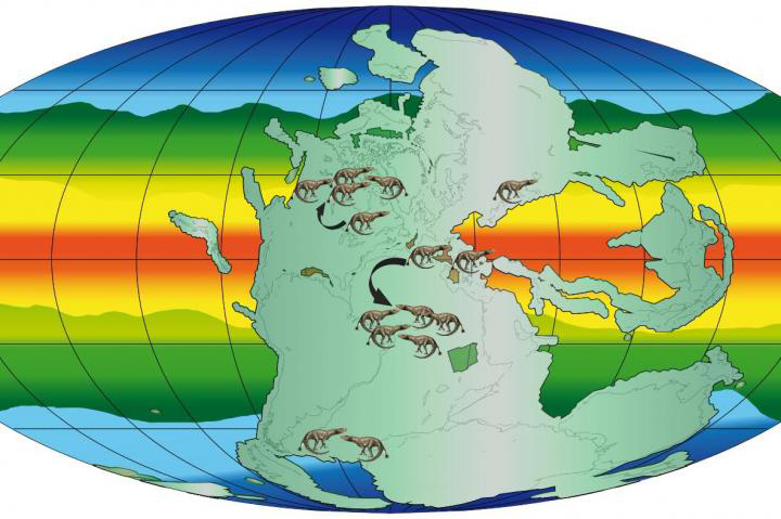 The Permian-Triassic world 250 million years ago, showing all continents fused as the supercontinent Pangaea, the tropical belt (orange and yellow colours), and reptile distributions. Credit: Massimo Bernardi 2018