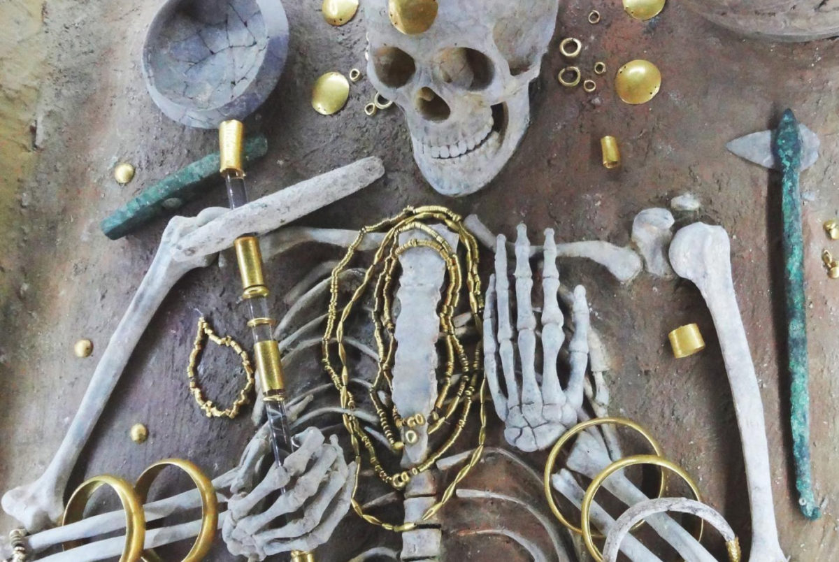 Gold from the richest grave in the cemetery at the 5th millennium site of Varna, Bulgaria. This grave contains c. 3kg of gold items decorating the body of the deceased. Credit: E. Pernicka. 