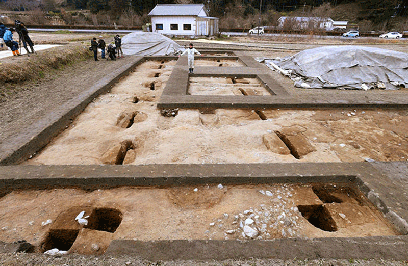 The pits in the ground suggest the ancient structure in Asuka, Nara Prefecture, measured at least 19.2 meters west to east. Photo Credit: The Asahi Shimbun/Yoshinori Mizuno.