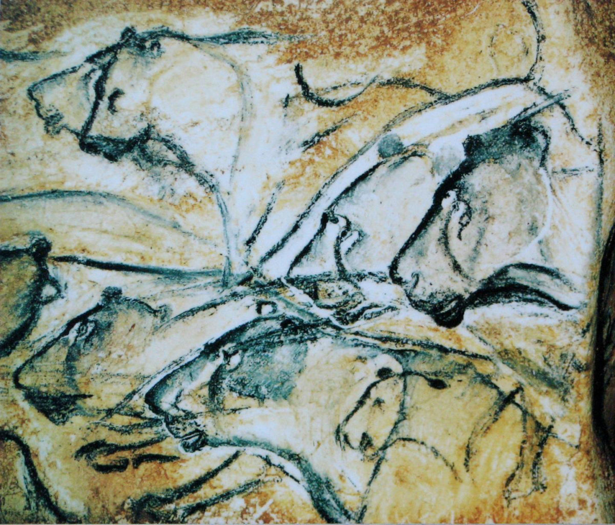 Replica of drawing of lions painted in the Chauvet Cave. Art in the cave has been identified as created by early modern humans.