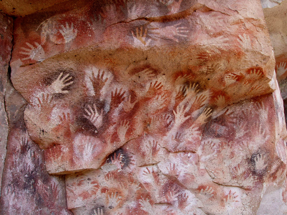 Hands at the Cuevas de las Manos upon Río Pinturas, near the town of Perito Moreno in Santa Cruz Province, Argentina. 