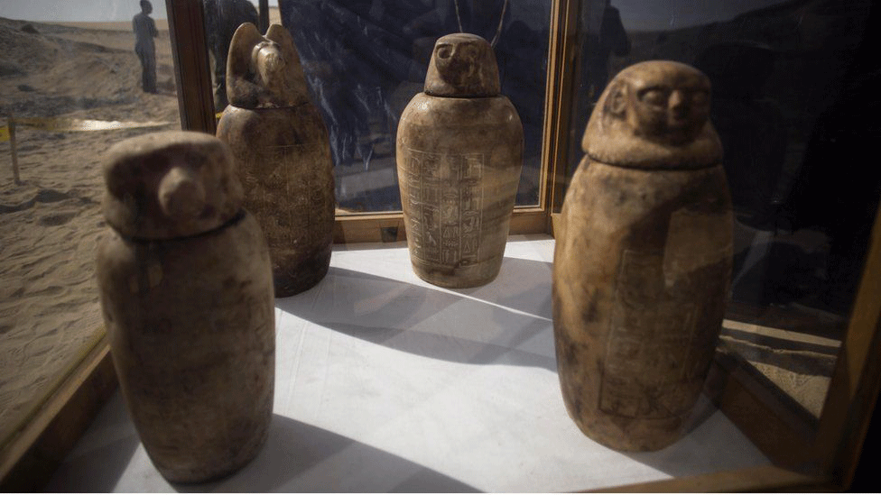 Four canopic jars made of alabaster with lids bearing the faces of the four sons of the god Horus were also unearthed. Photo Credit: EPA/BBC.