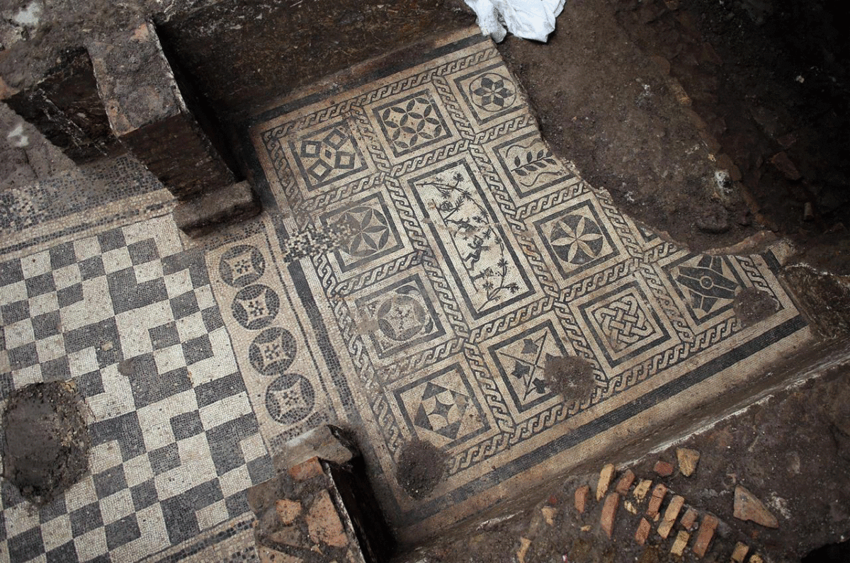 Overhead view of mosaic floors from 2nd century commander's domus. Photo Credit: Soprintendenza Speciale Archeologia Belle Arti e Paessaggio di Roma/The History Blog.