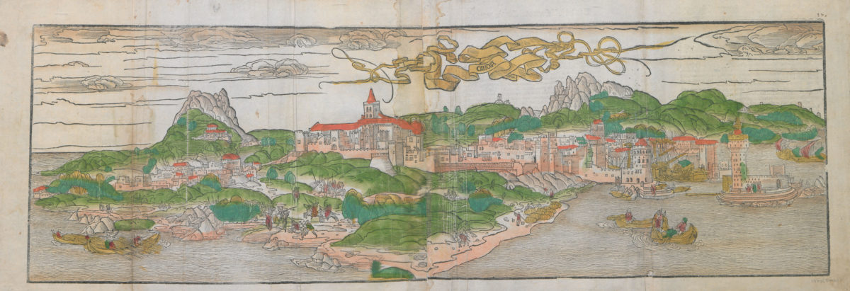 View of Herakleion (Candia). Hand-coloured wood cut. Bernard von Breydenbach, Reise ins Hellige Land, E. Rauwich, Mainz. Printed on 21 June 1486. Benaki Museum - The Efstathios Finopoulos Collection.