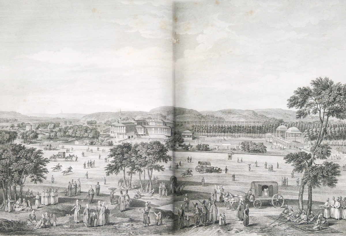 Public walk in Keaghid-Khane (Sweet Waters), on the outskirts of Constantinople. Copper engraving. Ignace Mouradja d’Ohsson, Tableau général de l'Empire Othoman: divisé en deux parties, dont l'une comprend la législation Mahométane, l'autre, l'histoire de l'Empire Othoman…,Tome second, Del’Imprimerie de Monsieur, Paris 1790. Deluxe edition, without annotation (“before letters”) which belonged to the King of Sweden, Charles Bernadotte XV. Benaki Museum - The Efstathios Finopoulos Collection