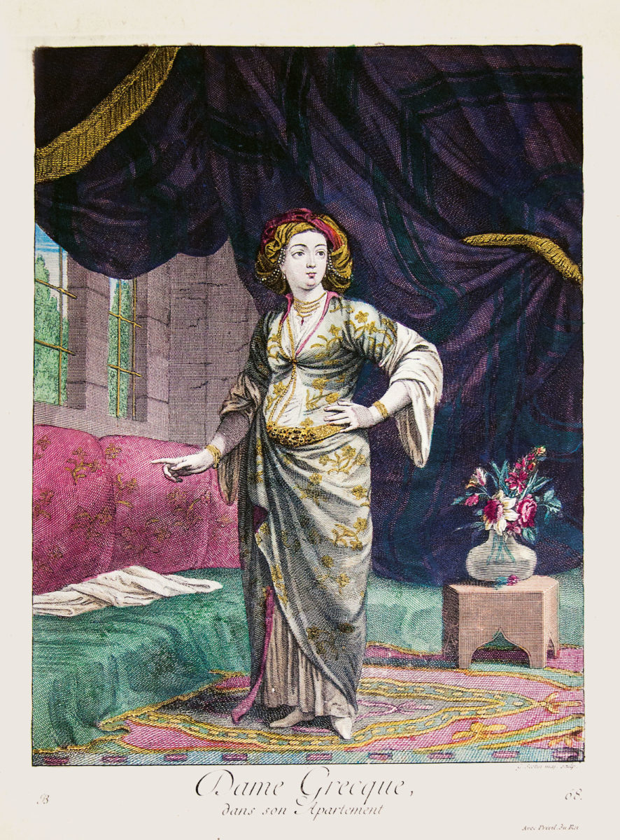 Greek woman in her apartments. Detached copper engraving, drawing by J. B. van Mour. Gold details in relief can be seen in the jewellery and Belt. Charles de Ferriol, Recueil de cent estampes représentant differentes nations du Levant…, Chez Le Hay, Chez Duchange, Paris 1714. Benaki Museum - The Efstathios Finopoulos Collection.