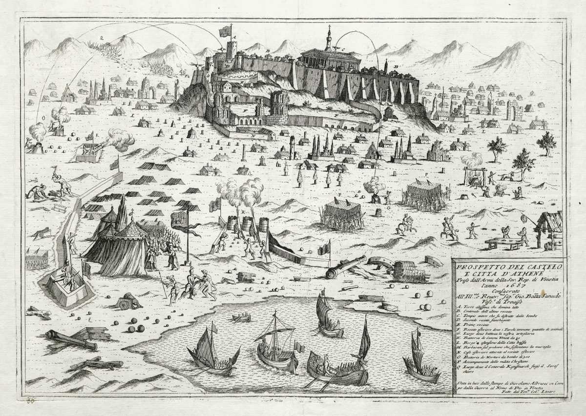 The bombardment of the Acropolis by Francesco Morosini in 1687. Rare broadside printed in Venice by Girolamo Albrizzi. Benaki Museum - The Efstathios Finopoulos Collection.